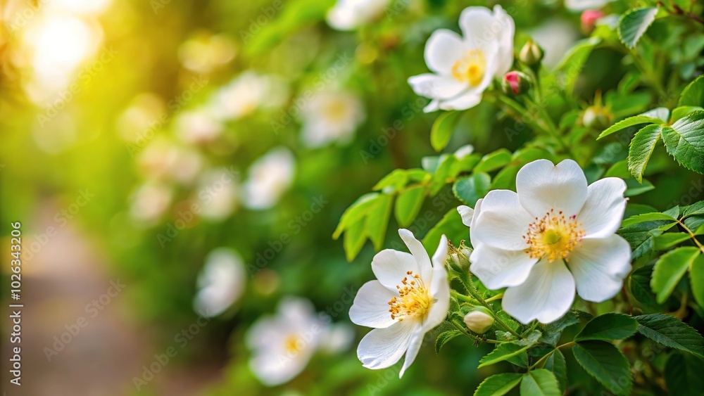 Natural background of blooming white flowers of wild rosehip, featuring leading lines Natural background of blooming white flowers of wild rosehip, featuring leading lines