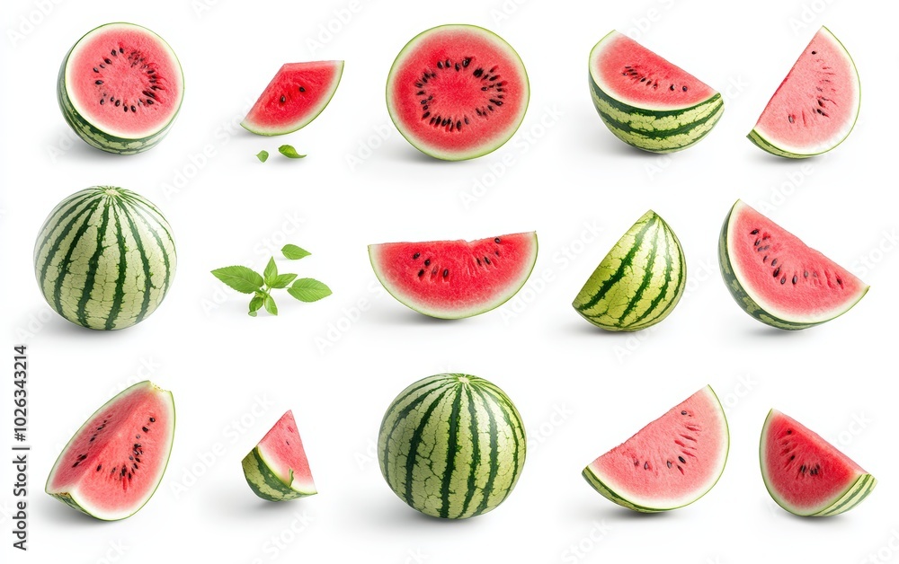 A high-resolution image of ripe, juicy watermelon isolated on a pure white background. The composition includes whole watermelon, sliced wedges, A high-resolution image of ripe, juicy watermelon isolated on a pure white background. The composition includes whole watermelon, sliced wedges,