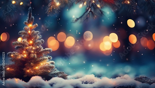 christmas winter blurred background xmas tree with snow decorated with garland lights holiday festive background widescreen backdrop new year winter art design wide screen holiday border