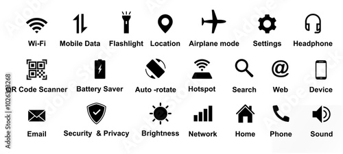 smartphone features icon set. wifi, data, security, location, network, rotate, airplane mode, battery saver, QR code scanner, home, device, search, settings, email, flash light, etc icon