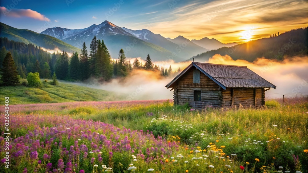 Rustic wooden cabin surrounded by wildflowers and misty mountains Rustic wooden cabin surrounded by wildflowers and misty mountains