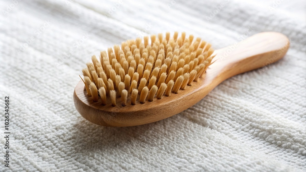 Natural boar bristle hairbrush on white cotton towel Natural boar bristle hairbrush on white cotton towel