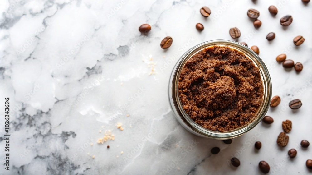 Natural body coffee scrub on marble background Natural body coffee scrub on marble background