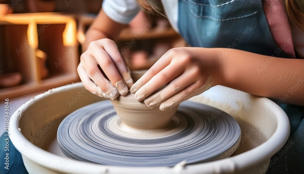 close up of teenage girl s hands modeling pottery on a potter wh close up of teenage girl s hands modeling pottery on a potter wh