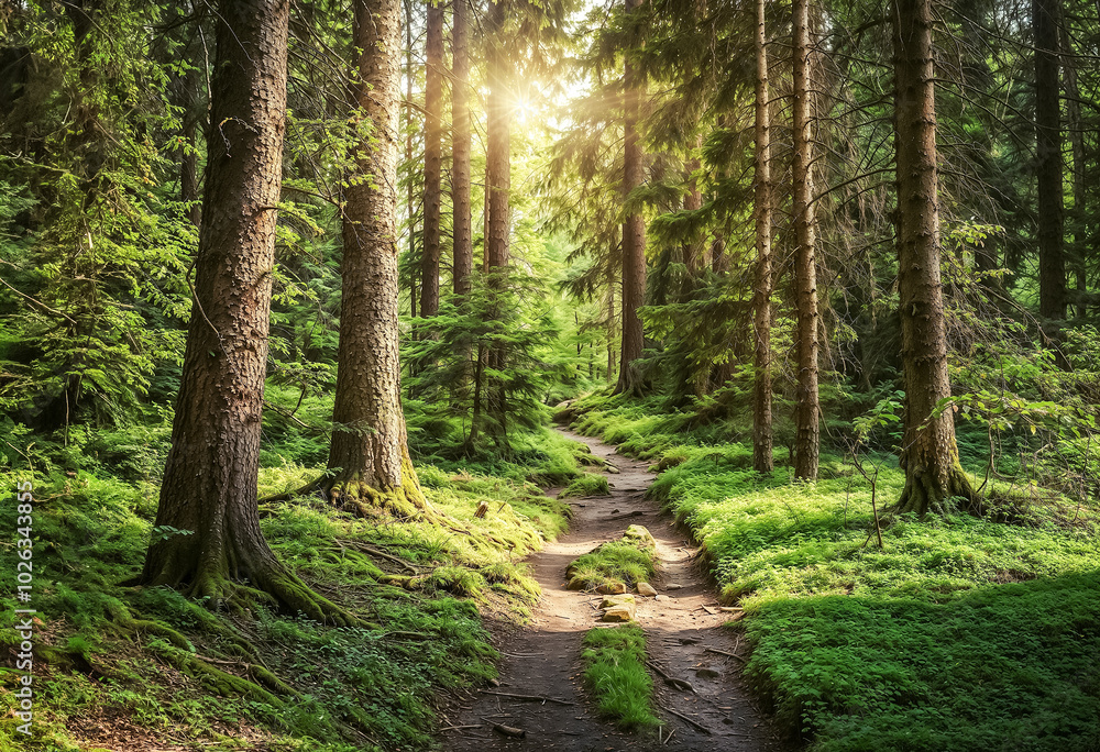 Joli sentier traversant la forêt, le soleil qui perce au loin à travers les arbres