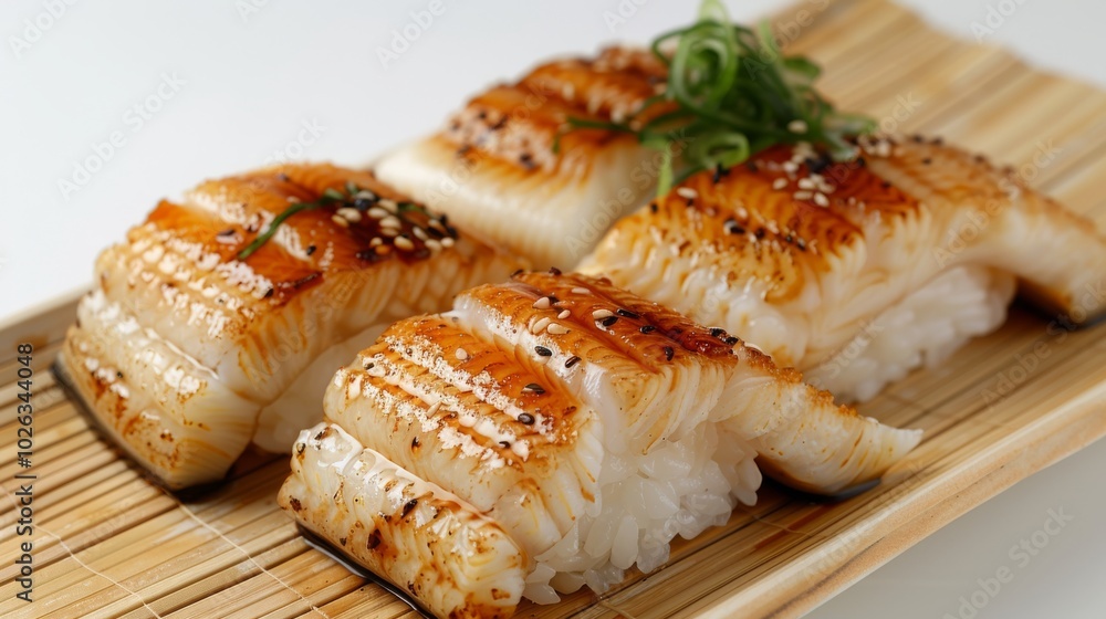 Grilled eel nigiri with sesame seeds and garnish on bamboo mat. Grilled eel nigiri with sesame seeds and garnish on bamboo mat.