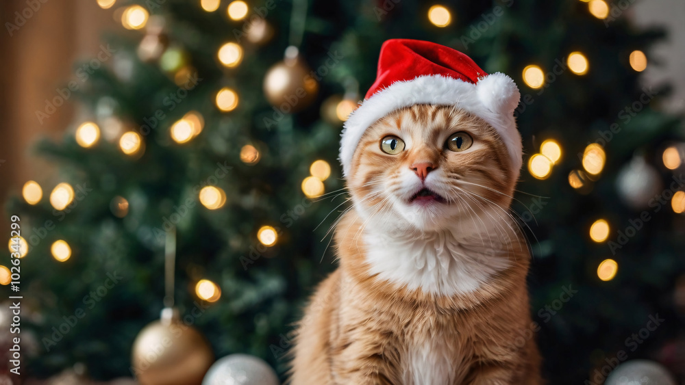 Cat in Santa Claus hat. Cat in Santa hat on blurred Christmas tree decorated home background with copy space. Modern concept for celebrating Christmas and New Year Cat in Santa Claus hat. Cat in Santa hat on blurred Christmas tree decorated home background with copy space. Modern concept for celebrating Christmas and New Year