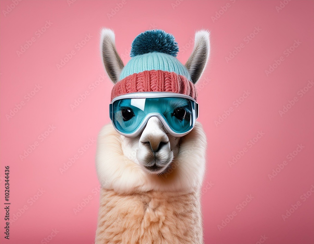 Fototapeta premium cute lama alpaca wearing winter knitted hat and transparent goggles isolated on the pink background with copy space