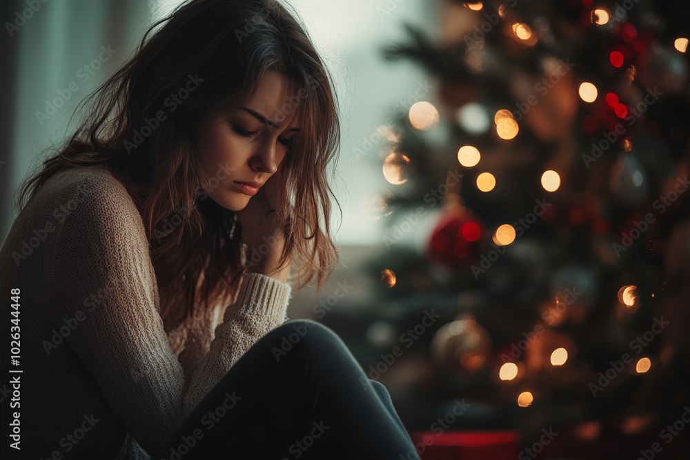 Young sad woman sitting near the Christmas tree. Depressed woman during Christmas holiday at home