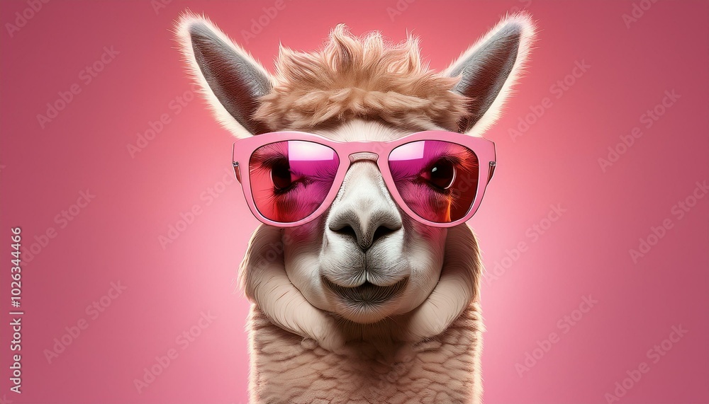 cute lama alpaca in trendy pink sunglasses isolated on pink background with copyspace generative ai cute lama alpaca in trendy pink sunglasses isolated on pink background with copyspace generative ai