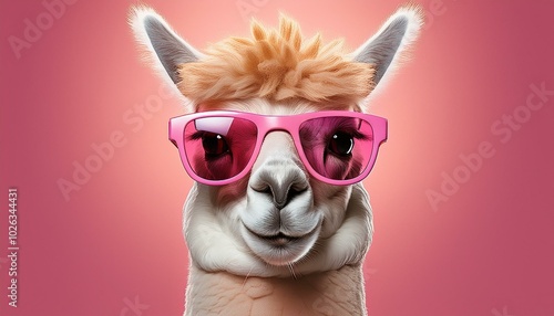 cute lama alpaca in trendy pink sunglasses isolated on pink background with copyspace generative ai