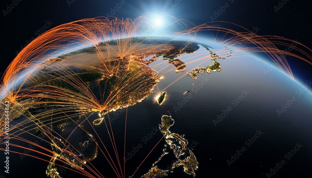 Fototapeta premium earth in space orange lines connect taipei taiwan with cities across the world worldwide travel or business concept