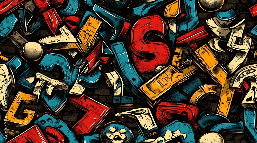 Obraz premium Graffiti-style pattern incorporating bold letters, angular characters, and bubble numbers, intertwined with vibrant colors and dynamic shapes, set against a rough brick wall,
