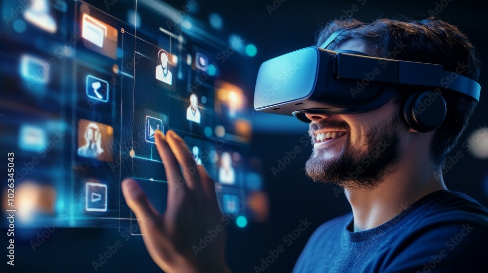 A man wearing a VR headset is interacting with a digital interface. A man wearing a VR headset is interacting with a digital interface.