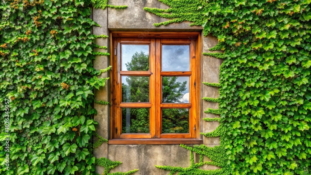 Natural fresh green leaf covered cement wall with wooden glass windows reflected Natural fresh green leaf covered cement wall with wooden glass windows reflected