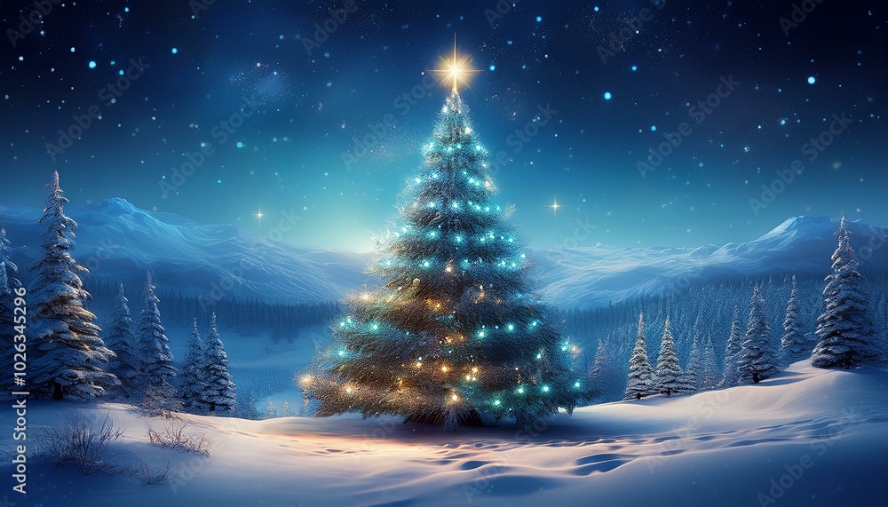 fantastic winter landscape with christmas tree 3d rendering christmas background with christmas tree snow and stars beautiful christmas night fantastic winter landscape with christmas tree 3d rendering christmas background with christmas tree snow and stars beautiful christmas night