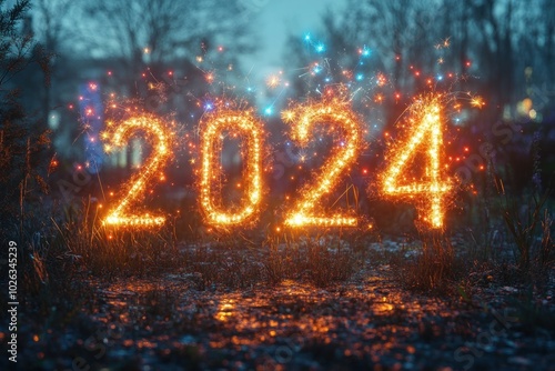 2024 written in sparkling fireworks with a blurred forest background.