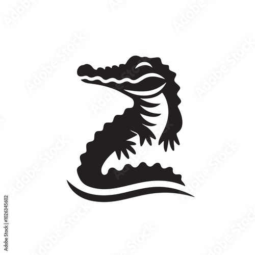 Black Crocodile Silhouette In Water Logo Design
