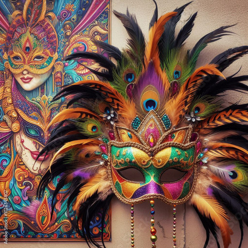 Colorful masks, festive mood, artistic display, vibrant backdrop