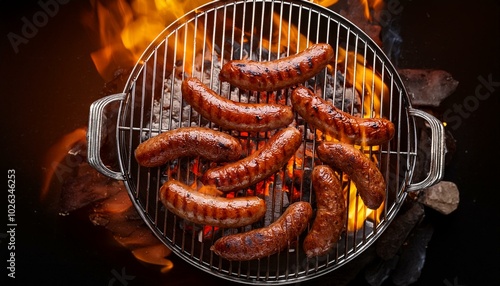 grilled juicy sausages brarwurst sizzling on a grill with fire top view photo