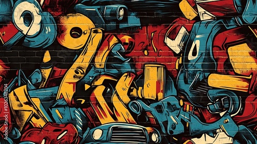 Wallpaper Mural Graffiti-style pattern incorporating urban elements like traffic signs, buildings, and cars, intertwined with vibrant colors and dynamic shapes, set against a rough brick wall, Torontodigital.ca