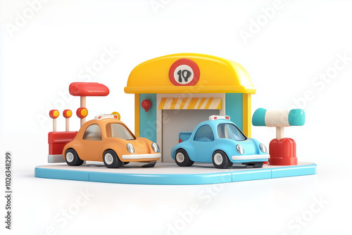 3D cartoon, Car station, oil, petrol, washing, cleaning, simulated town, illustration. AI Generative.