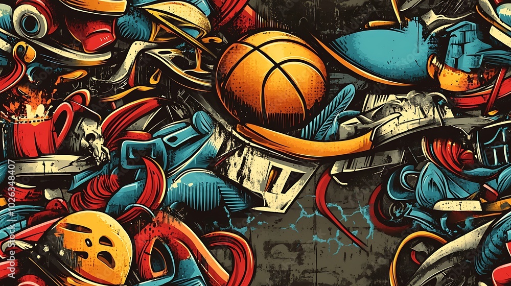 Graffiti-style pattern incorporating urban sports equipment like basketballs, skateboards, and helmets, surrounded by vibrant neon splashes and energetic lines, set against a dark concrete wall, Graffiti-style pattern incorporating urban sports equipment like basketballs, skateboards, and helmets, surrounded by vibrant neon splashes and energetic lines, set against a dark concrete wall,