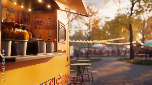 Fototapeta Naklejka Na Ścianę i Meble -  Close-up of a food truck at a fall fair. The display case is decorated with glowing lights, and there are pots of food and various snacks such as corn on the counter.