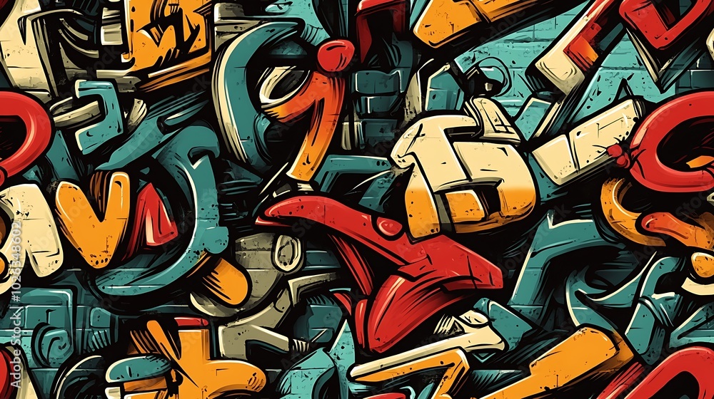 custom made wallpaper toronto digitalGraffiti-style pattern with angular letters and abstract numbers, surrounded by bright neon colors and energetic brushstrokes, layered on a rough brick wall,