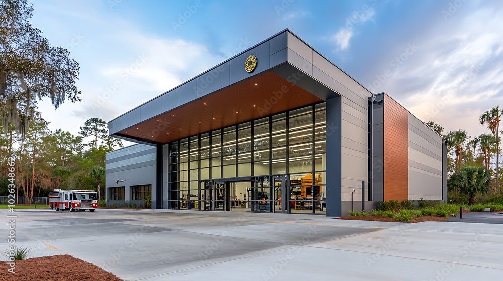 Fire Station with Glass Facade and Steel Frame: A fire station with a full glass front, showcasing a view of the interior without any vehicles. Fire Station with Glass Facade and Steel Frame: A fire station with a full glass front, showcasing a view of the interior without any vehicles.