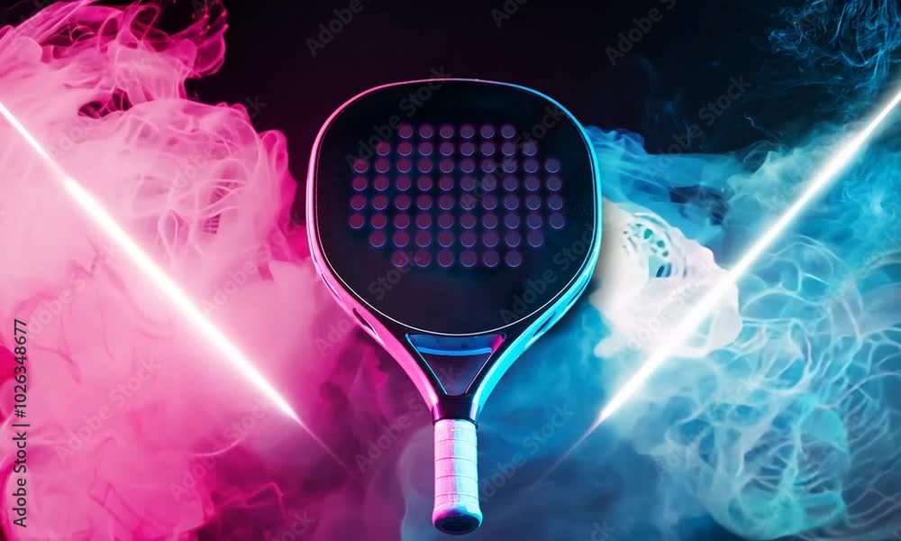 Padel tennis racket in neon lights. Background with copy space. Mockup ...