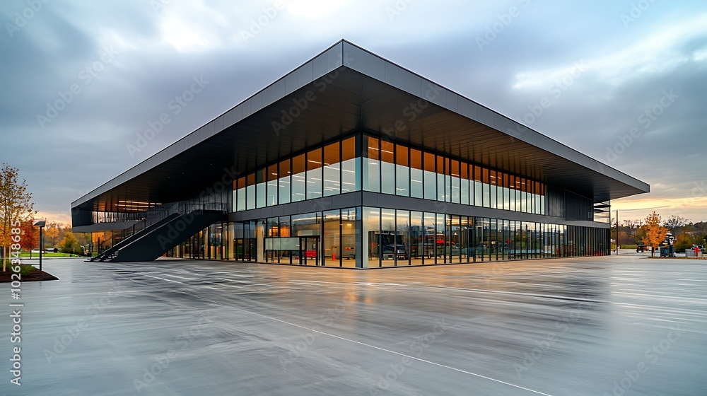 Fire Station with Glass Facade and Steel Frame: A fire station with a full glass front, showcasing a view of the interior without any vehicles. Fire Station with Glass Facade and Steel Frame: A fire station with a full glass front, showcasing a view of the interior without any vehicles.
