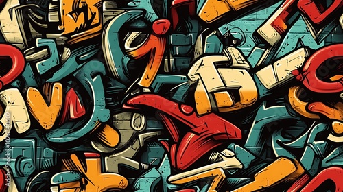 Wallpaper Mural Graffiti-style pattern with angular letters and abstract numbers, surrounded by bright neon colors and energetic brushstrokes, layered on a rough brick wall, Torontodigital.ca