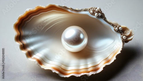 pearl one natural pearl inside the oyster shell close up on light gray background nacre real pearls necklace mother of pearl wealth concept top view flat lay vertical image