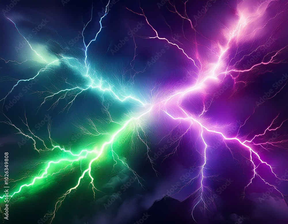 Fototapeta premium purple and green lightning hitting each other colorful lightning forcce of nature