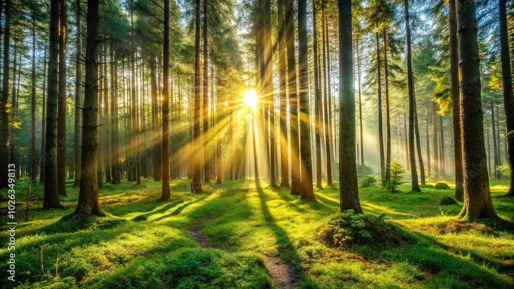 Natural sunlight shining through dense forest trees creating an asymmetrical pattern Natural sunlight shining through dense forest trees creating an asymmetrical pattern