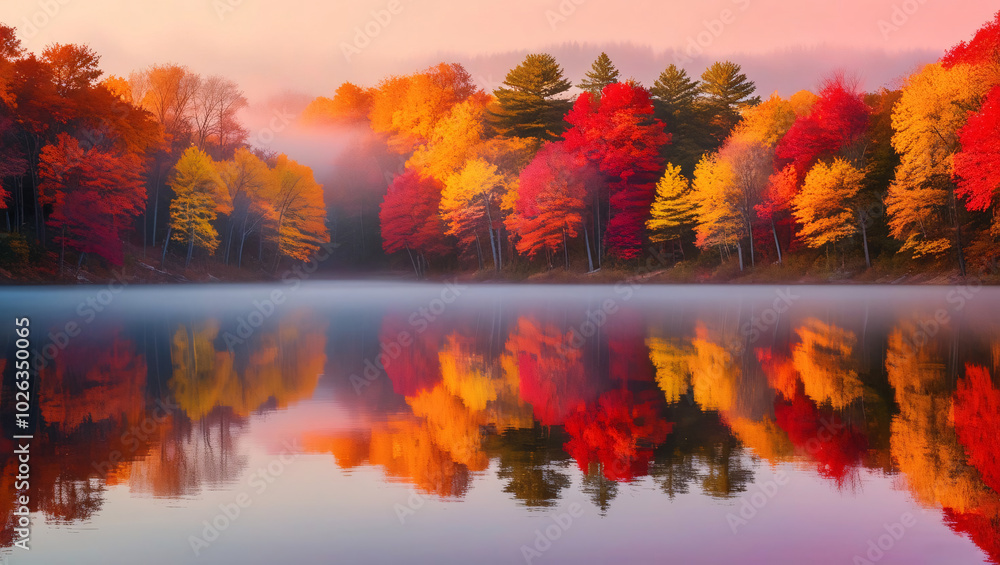 A serene lake reflecting the vibrant hues of autumn trees is beautifully illustrated in this photostock image, complemented by a soft pastel background A serene lake reflecting the vibrant hues of autumn trees is beautifully illustrated in this photostock image, complemented by a soft pastel background