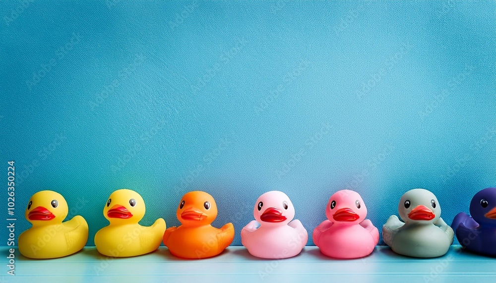 row of the fun colorful rubber ducks on the light blue wall background with copy space row of the fun colorful rubber ducks on the light blue wall background with copy space