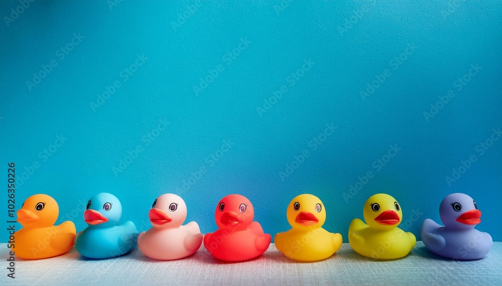 row of the fun colorful rubber ducks on the light blue wall background with copy space row of the fun colorful rubber ducks on the light blue wall background with copy space