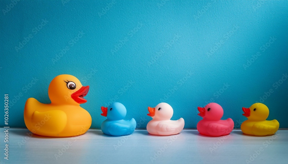 row of the fun colorful rubber ducks on the light blue wall background with copy space row of the fun colorful rubber ducks on the light blue wall background with copy space