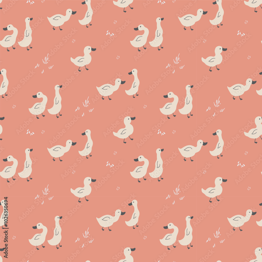 Fototapeta premium Cute Cartoon Duck Seamless Pattern, Vector Illustration Background