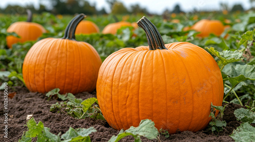 pumpkin patch on a rural farm, showcasing rows of vibrant orange pumpkins. Clear blue sky and open space allow for customizable captions, emphasizing autumn's bounty and harvest joy