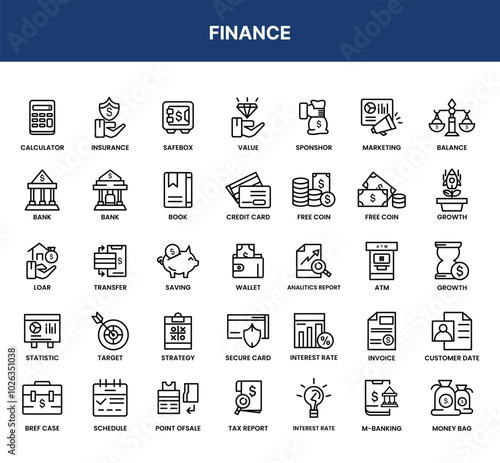 A set of finance icons representing various concepts related to finance, banking, and business.