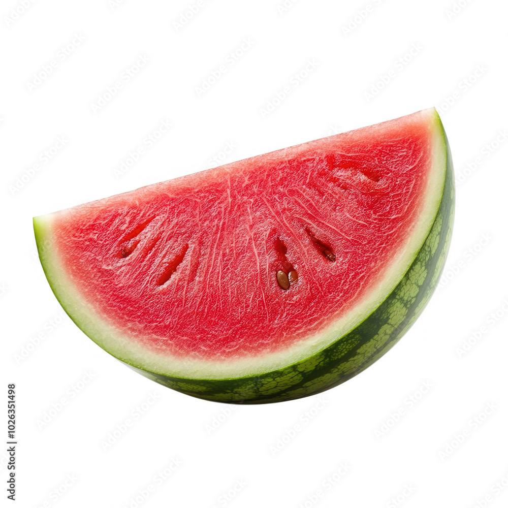 Fresh watermelon slice with vibrant red flesh, isolated on a white background. Fresh watermelon slice with vibrant red flesh, isolated on a white background.