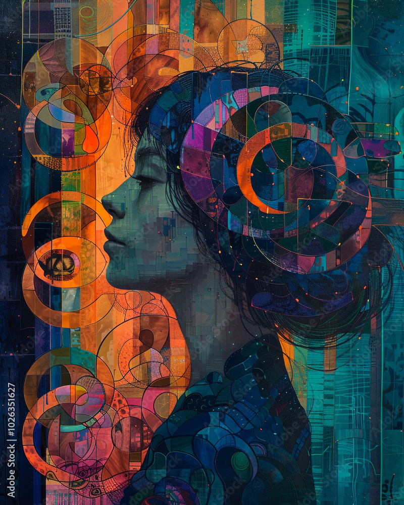 Fototapeta premium Woman Face Profile Kaleidoscope Glass Stain Colorful Art 