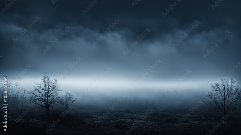 A misty landscape at dusk with silhouetted trees and a dark, moody atmosphere. A misty landscape at dusk with silhouetted trees and a dark, moody atmosphere.