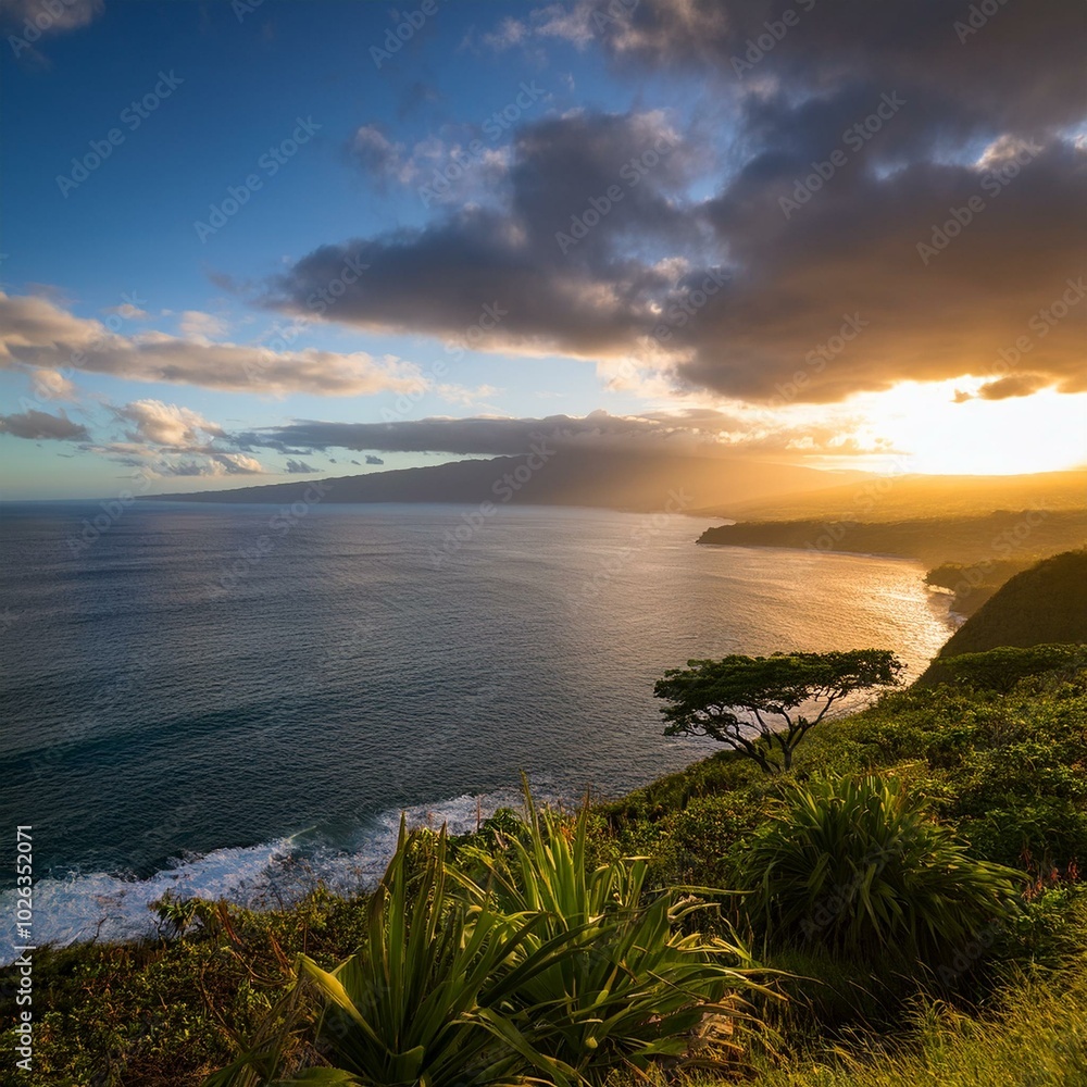 Fototapeta premium sunset overlooking west maui coastline from kula