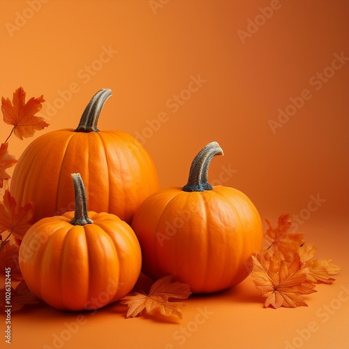 three pumpkins on a orange colored background autumn themed banner with copy space