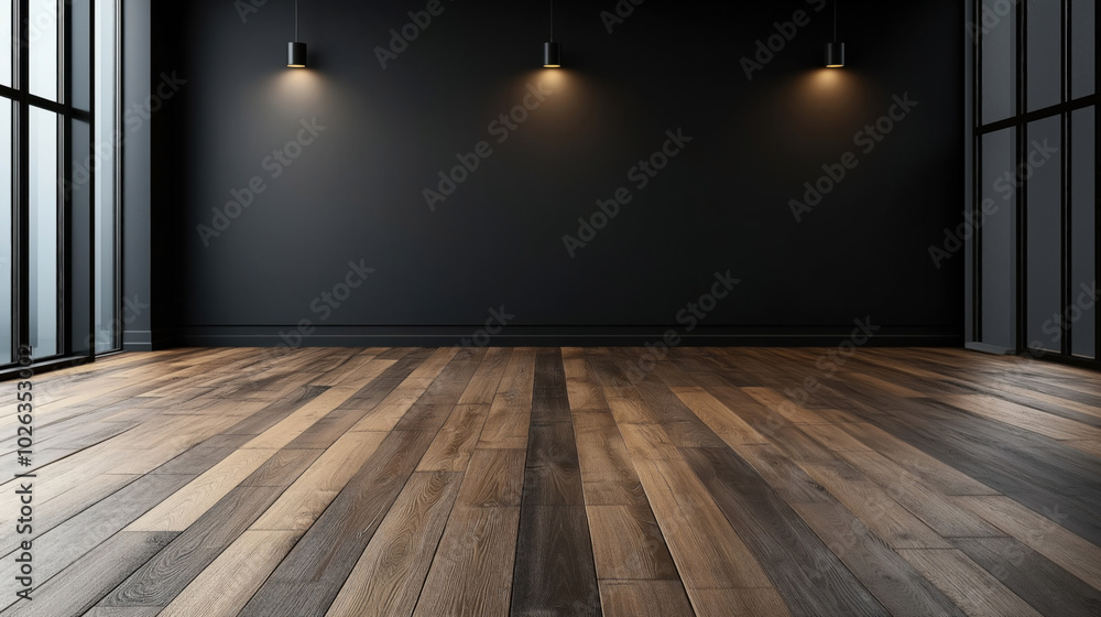 Empty modern interior room with dark walls, wooden floor, and three pendant lights creating a minimalist atmosphere. Empty modern interior room with dark walls, wooden floor, and three pendant lights creating a minimalist atmosphere.