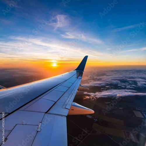 ultra wide view of engine and wing from inside at sunset